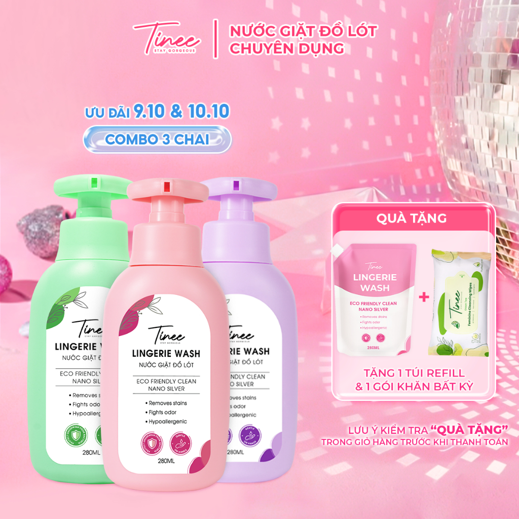 Combo 3 Nước Giặt Đồ Lót Chuyên Dụng Tinee - Nano Bạc Hạn Chế Nấm Khuẩn, an toàn cho da (280ml/Chai)