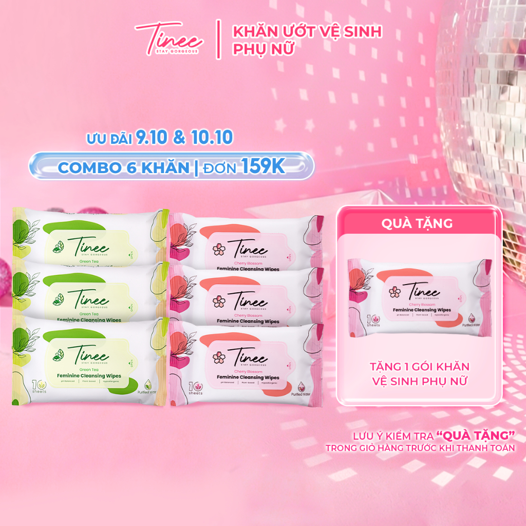 Combo 6 Gói Khăn Giấy Ướt Vệ Sinh Phụ Nữ Tinee Giúp Làm Sạch, Loại Bỏ Vi Khuẩn Gây Mùi (10 tờ/ gói)