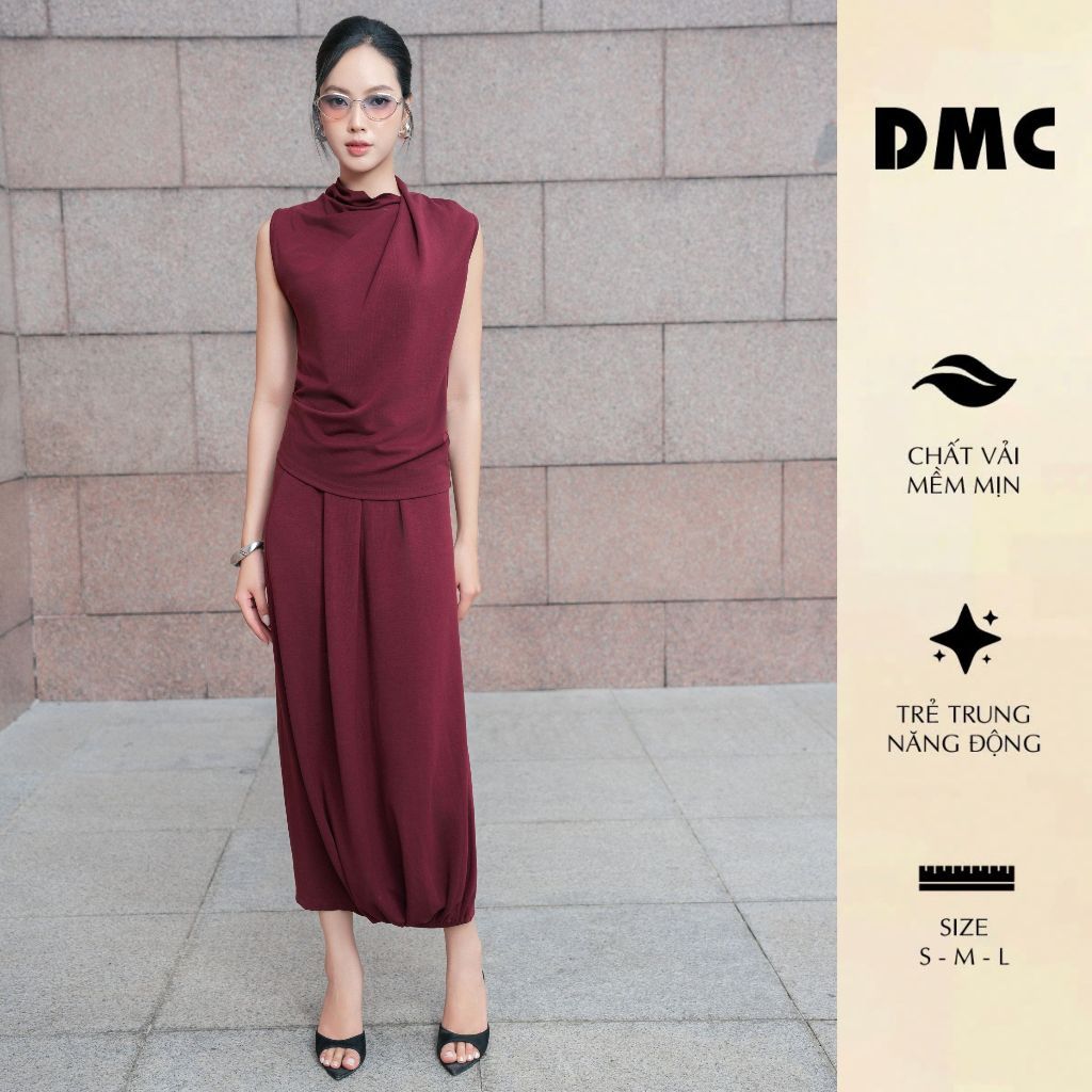 DMC Set Bộ Nữ Áo Sát Nách Cổ Đổ Xếp Ly Chân Váy Dài - Dark Red Knit Blouse And Loose Skirt EC2