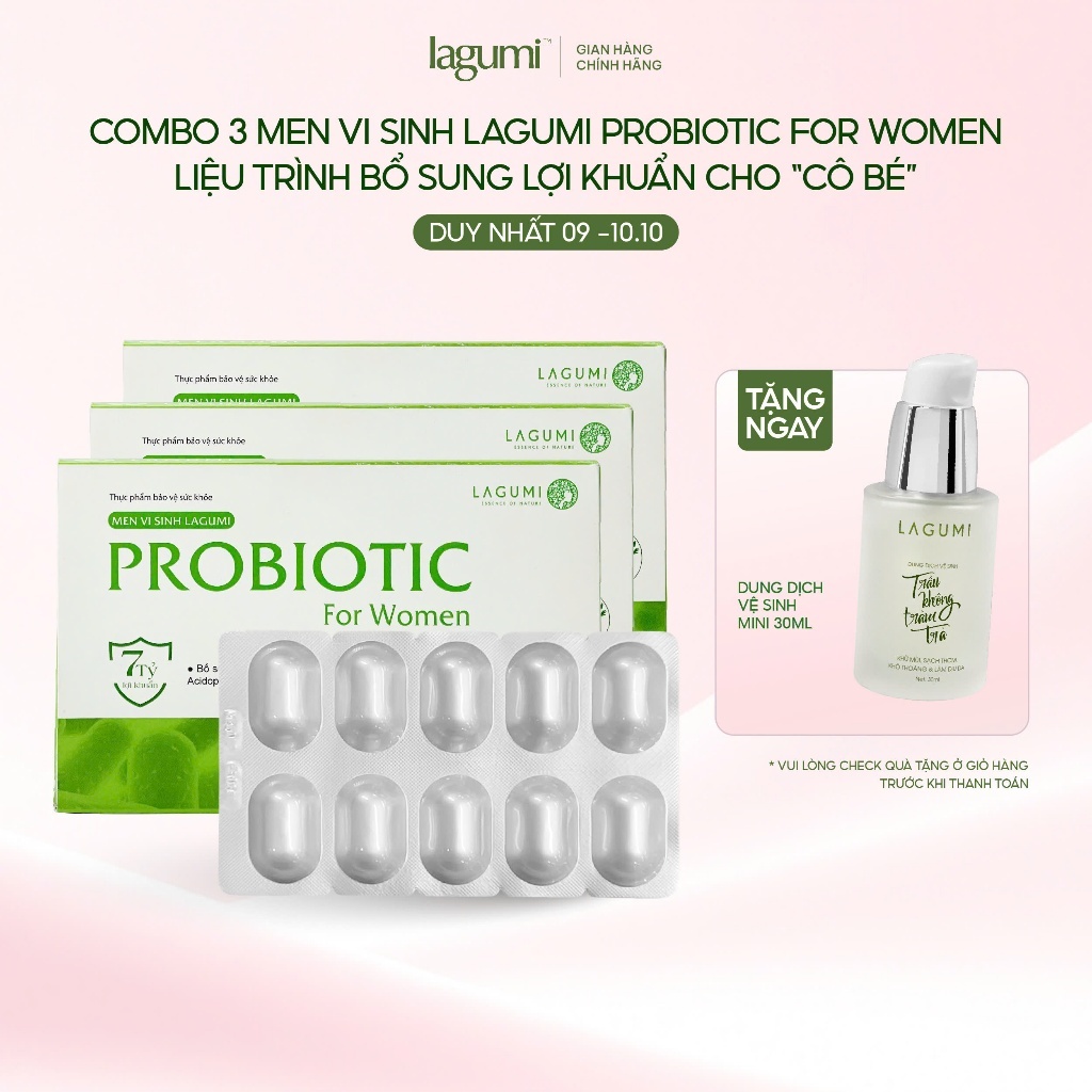 Dùng 1 tháng - Combo 3 Hộp Men Vi Sinh Phụ Nữ LAGUMI Giúp Giảm Viêm Nhiễm, Khí Hư, Nấm Ngứa, Mùi Hôi Cô Bé