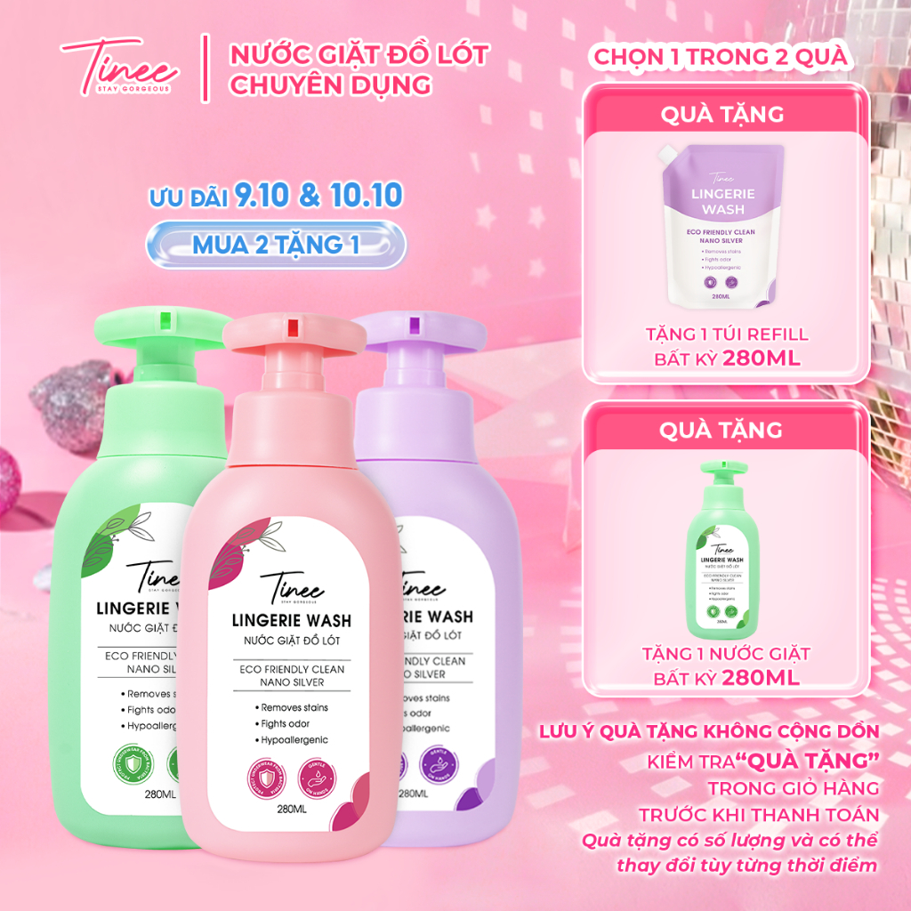 Nước Giặt Đồ Lót Chuyên Dụng Tinee 280ml Nano Bạc Hạn Chế Nấm Khuẩn, dịu nhẹ cho da