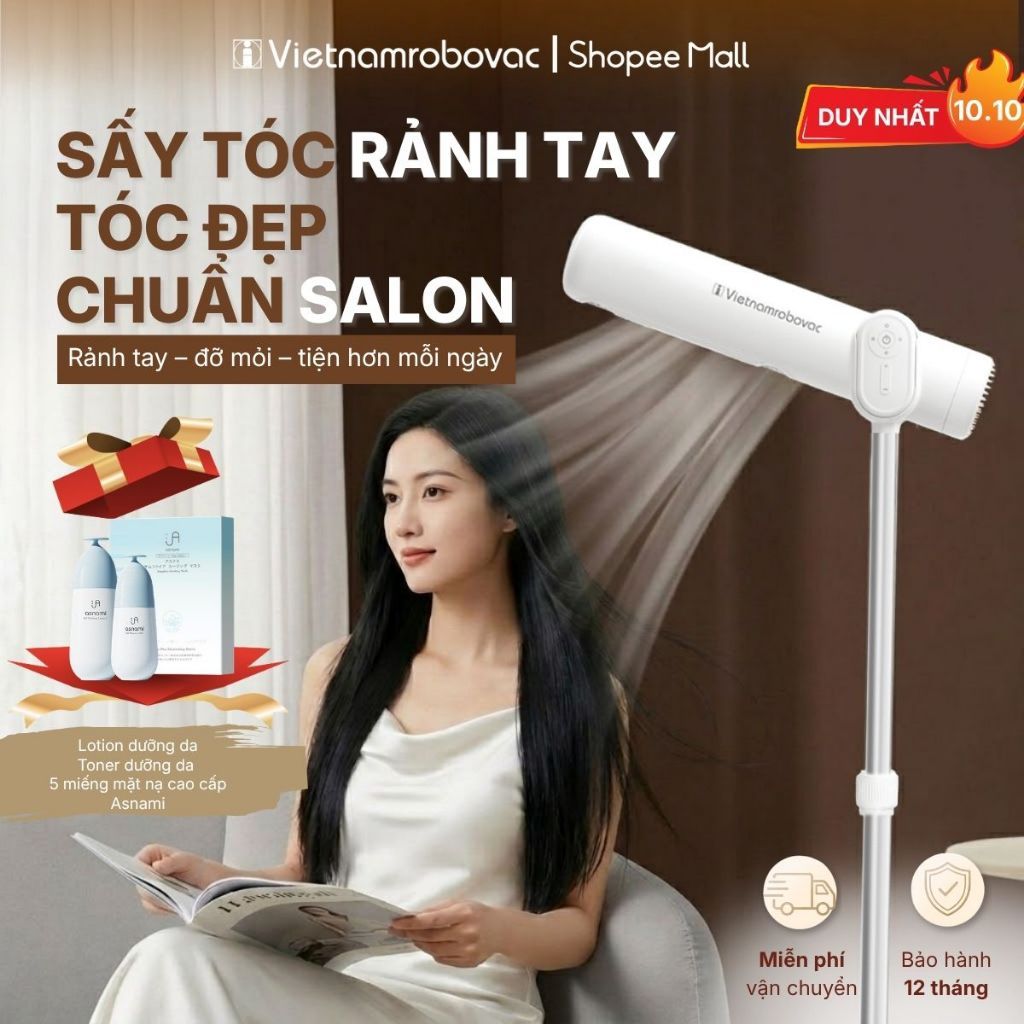 Máy sấy tóc rảnh tay Vietnamrobovac A1D - Nâng cấp trải nghiệm sấy tóc rảnh tay, Cửa gió kép sấy nhanh+ ion âm dưỡng tóc