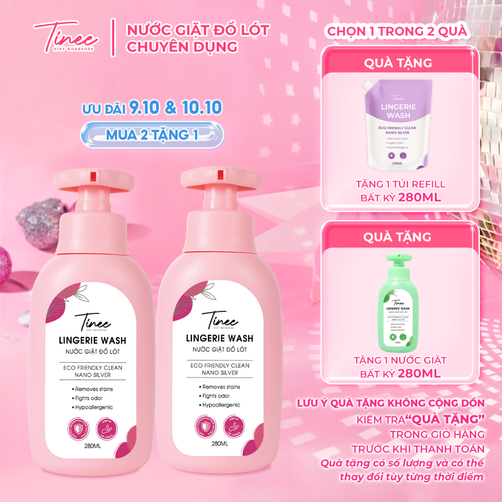 Combo 2 Nước Giặt Đồ Lót Chuyên Dụng Tinee 280ml Nano Bạc Hạn Chế Nấm Khuẩn - Hương Hoa Anh Đào