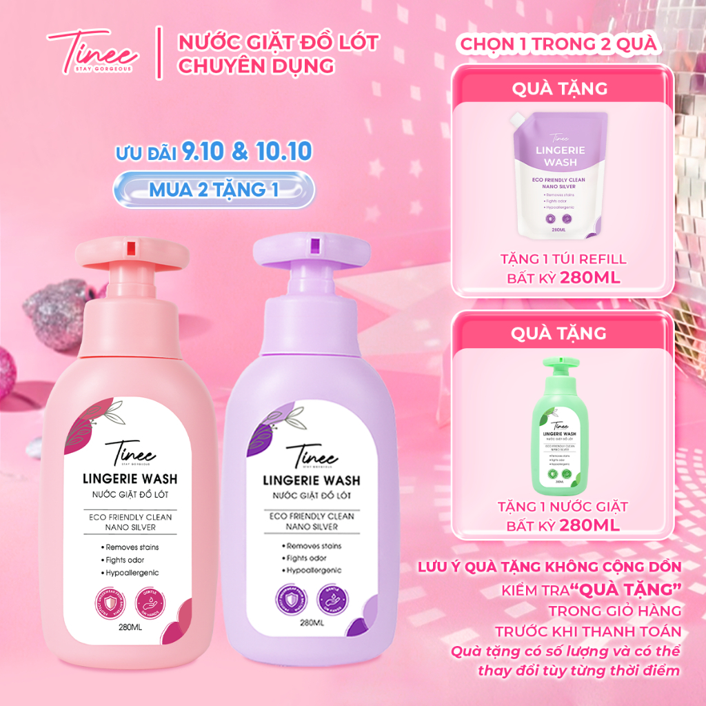 Combo 2 Nước Giặt Đồ Lót Chuyên Dụng Tinee Hương Hoa Anh Đào và Hương Nước Hoa (280ml/Chai)