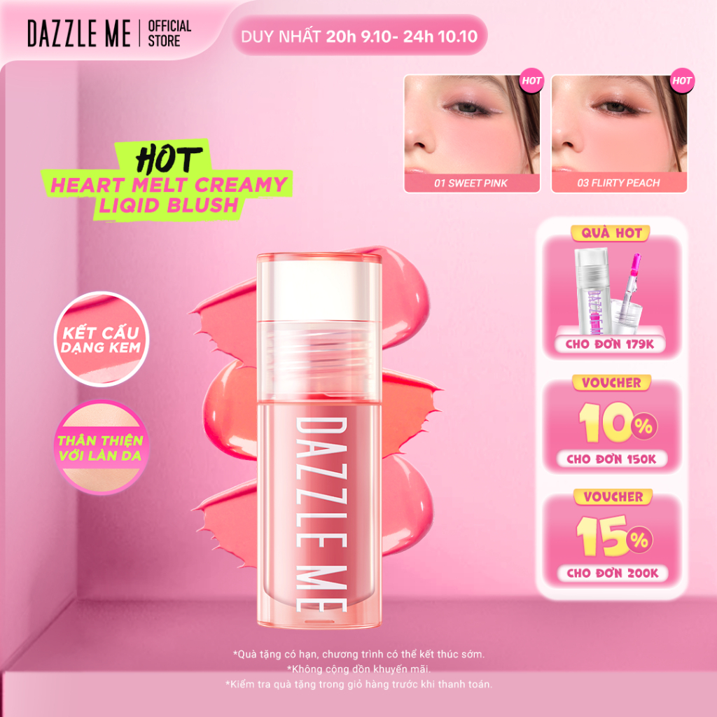 DAZZLE ME Kem Má Hồng Chống Thấm Nước Mồ Hôi Ửng Hồng Tự Nhiên Heart-Melt Creamy Liquid Blush 2.5g