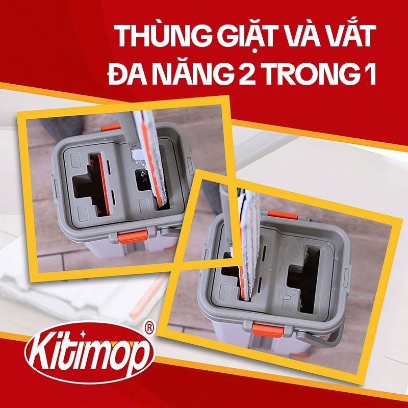 Bộ lau nhà tự vắt KITIMOP PRO MAX thùng 2 ngăn giặt vắt có bánh xe, bàn lau 38cm, kèm 3 bông lau | BigBuy360 - bigbuy360.vn