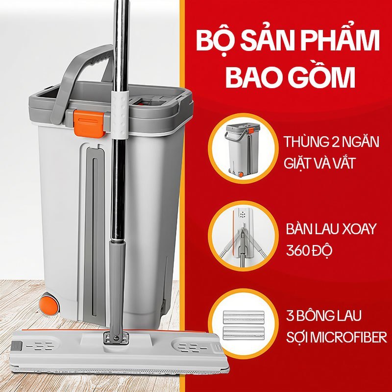 Bộ lau nhà tự vắt KITIMOP PRO MAX thùng 2 ngăn giặt vắt có bánh xe, bàn lau 38cm, kèm 3 bông lau | BigBuy360 - bigbuy360.vn
