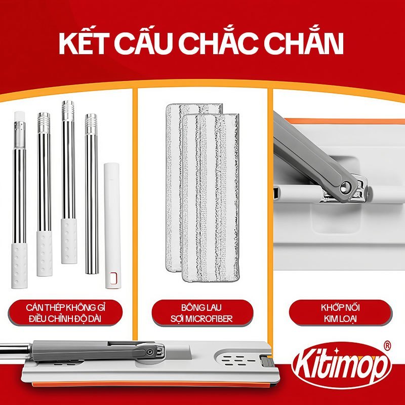 Bộ lau nhà tự vắt KITIMOP PRO MAX thùng 2 ngăn giặt vắt có bánh xe, bàn lau 38cm, kèm 3 bông lau | BigBuy360 - bigbuy360.vn