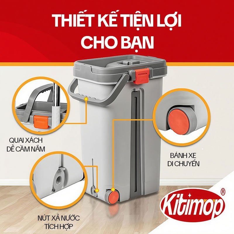 Bộ lau nhà tự vắt KITIMOP PRO MAX thùng 2 ngăn giặt vắt có bánh xe, bàn lau 38cm, kèm 3 bông lau | BigBuy360 - bigbuy360.vn