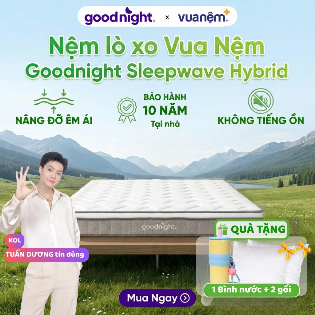 [TẶNG BÌNH + GỐI] Nệm Lò Xo Túi Độc Lập Vua Nệm Goodnight Sleep Wave Hybrid, Đệm Lò Xo Khách Sạn 20cm Cao Cấp