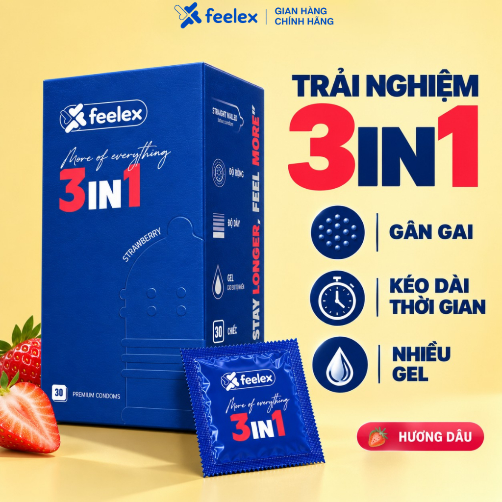 Bao cao su 3 in 1 gân gai kéo dài thời gian Feelex siêu mỏng nhiều gel giảm ma sát, tạo cảm giác mới lạ hộp 10 chiếc