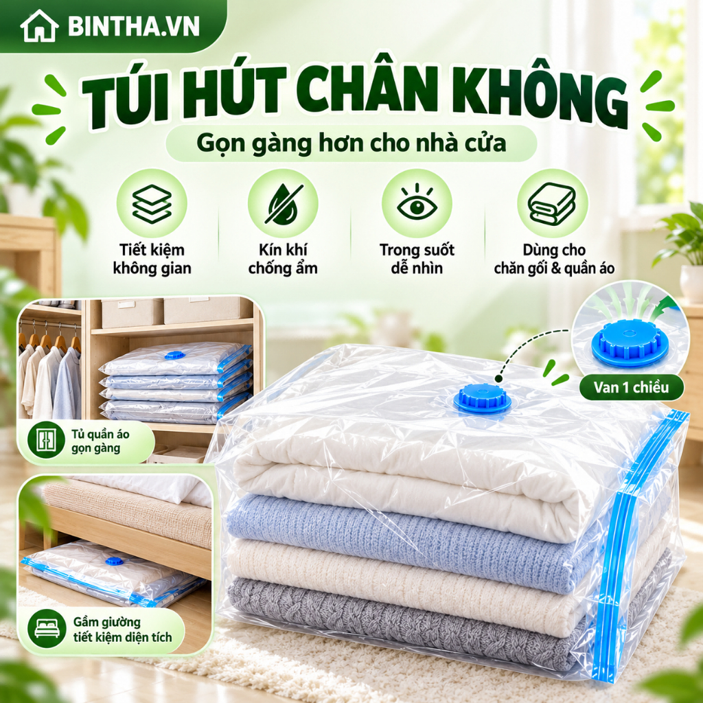 Túi Hút Chân Không Đựng Quần Áo Chăn Mền Dày Dặn Kín Khí Chống Ẩm Tiết Kiệm Diện Tích