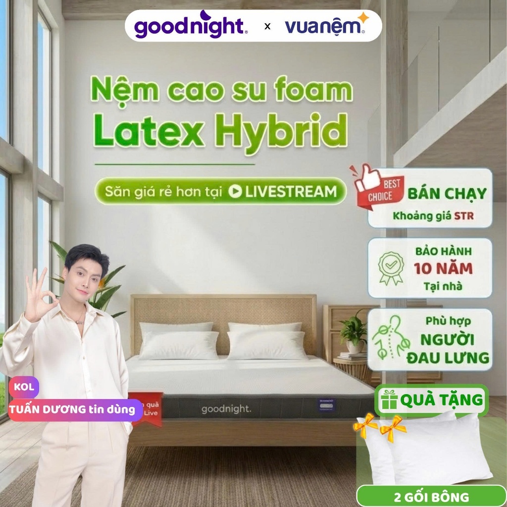 [TẶNG 2 GỐI] Nệm Cao Su Foam Vua Nệm Goodnight Latex Hybrid 10cm, Đệm Người Đau Lưng(Không phải cao su non)