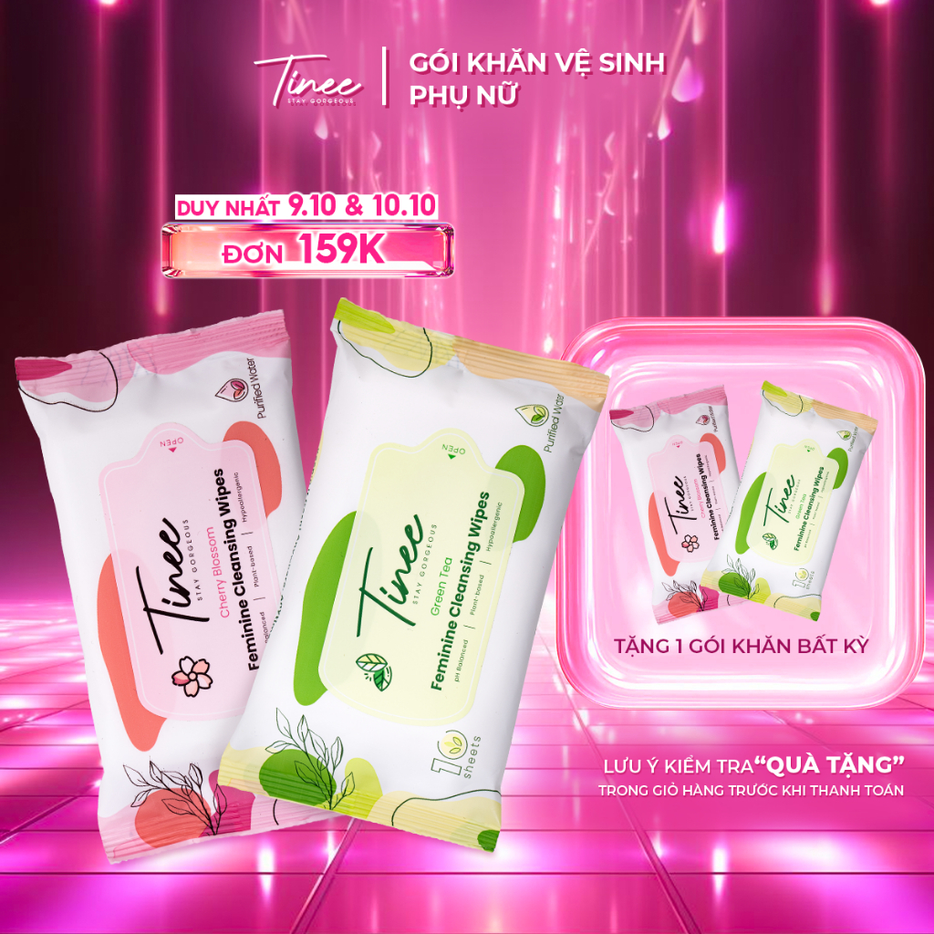 Khăn giấy ướt vệ sinh phụ nữ Tinee 1 gói 10 tờ - Giúp loại bỏ vi khuẩn gây mùi, hương thơm dịu nhẹ