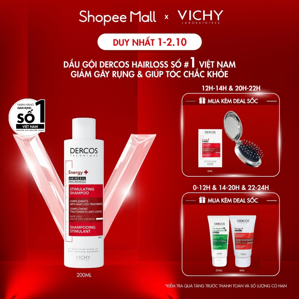 Dầu gội ngăn ngừa, giảm rụng tóc, giúp tóc chắc khỏe, dày dặn Vichy Dercos Hairloss SỐ 1 Việt Nam được khuyên dùng 200ml