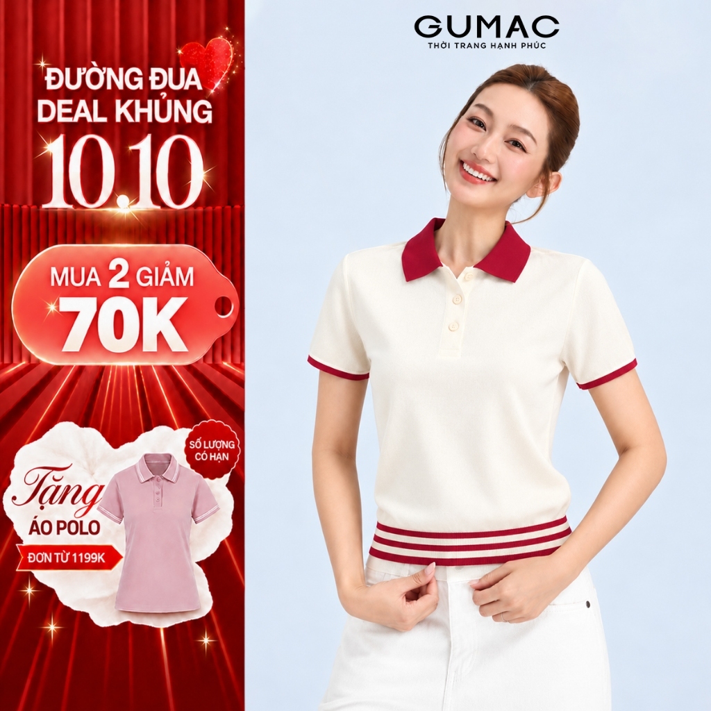 [VOUCHER 70K] Áo Polo Nữ GUMAC Áo Thun Có Cổ Chất Tổ Ong Thoáng Mát Bigsize Phối Sọc Trẻ Trung Năng Động APG01024