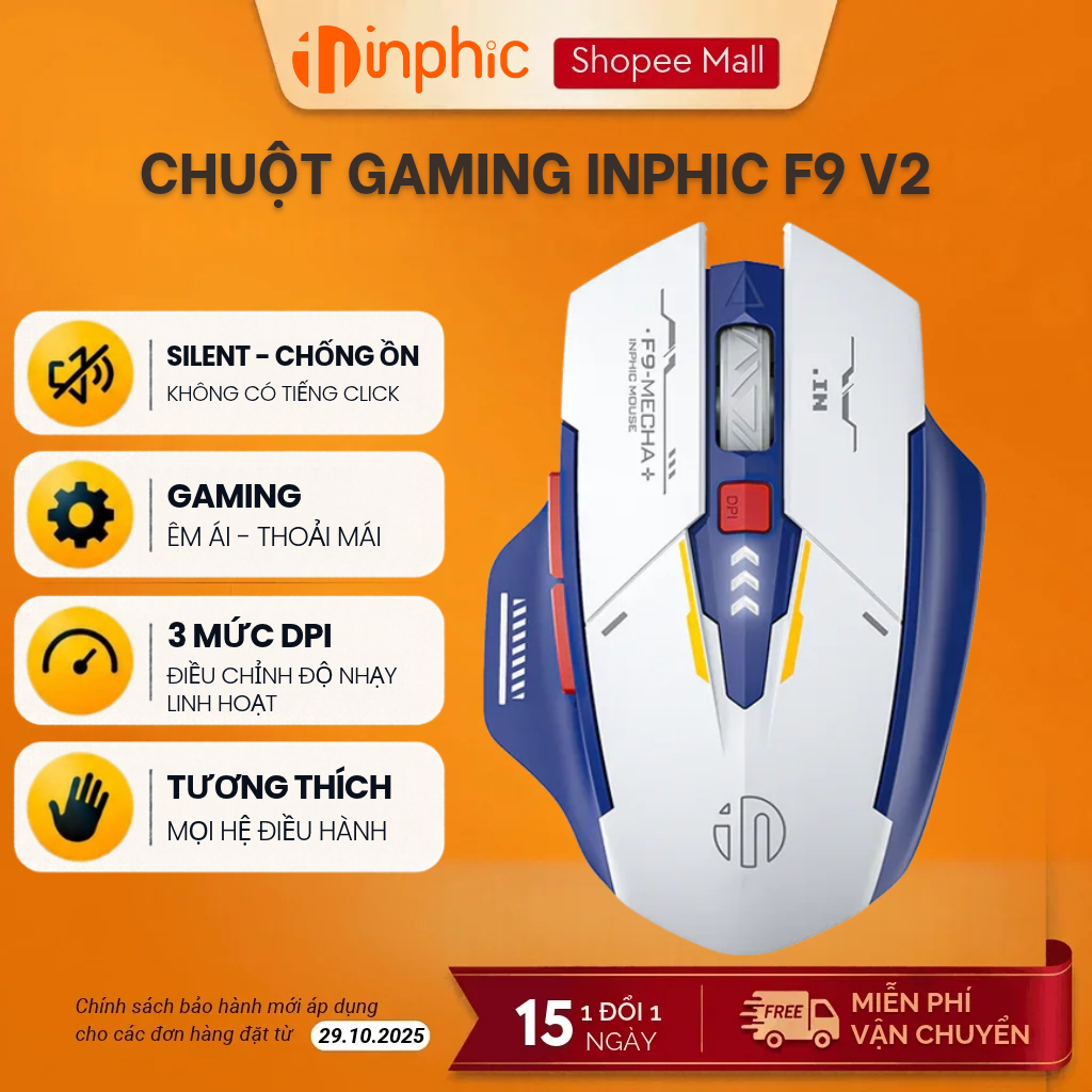 Chuột gaming không dây bluetooth INPHIC F9 V2 gundam 1000hz sạc pin 3 ...