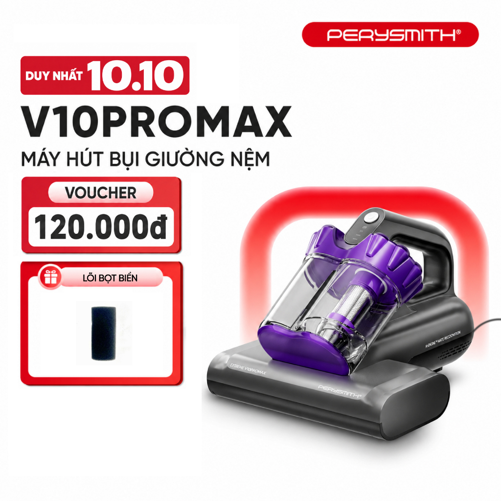 Máy Hút Bụi Giường Nệm PerySmith V10Pro Max, Có Dây, Con Lăn, Diệt Khuẩn, Hút Bụi Mịn, Có Đèn UV