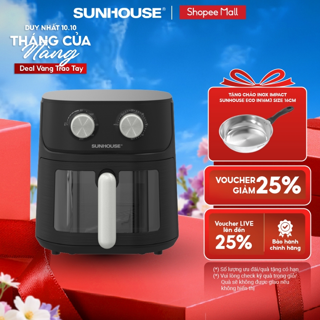 [Độc quyền] Nồi chiên không dầu 6.5L SUNHOUSE SHD4032 - Công nghệ Rapid Air giảm tới 80% dầu - Khoang chiên trong suốt