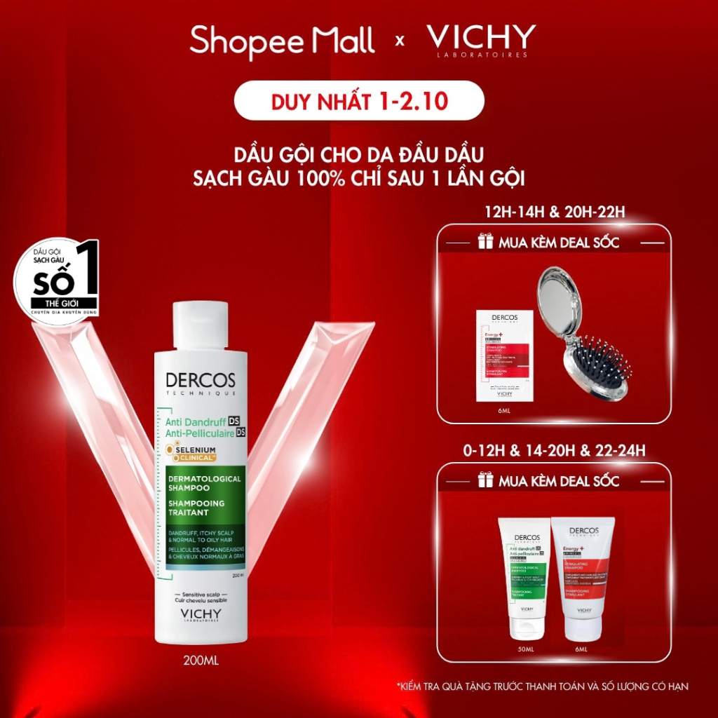 Dầu gội sạch gàu Dercos VICHY 100% chỉ sau 1 lần gội dành cho da dầu & ngứa, SỐ 1 Việt Nam chuyên gia khuyên dùng 200ml