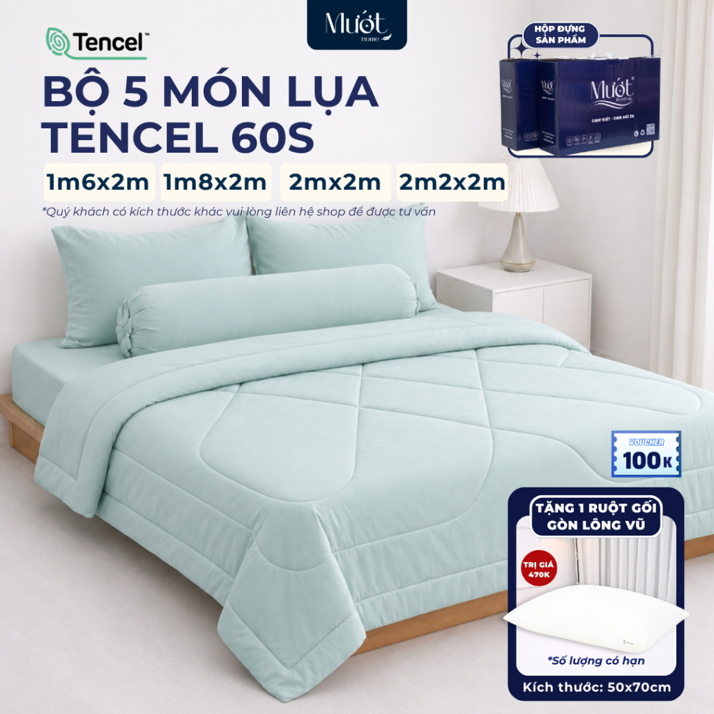 Bộ chăn ga gối lụa 100% Tencel 60s 1m6-1m8-2m-2m2 x 2m (Dày 5-12cm) trơn màu - Mướt Home, bộ 5 món kèm chăn