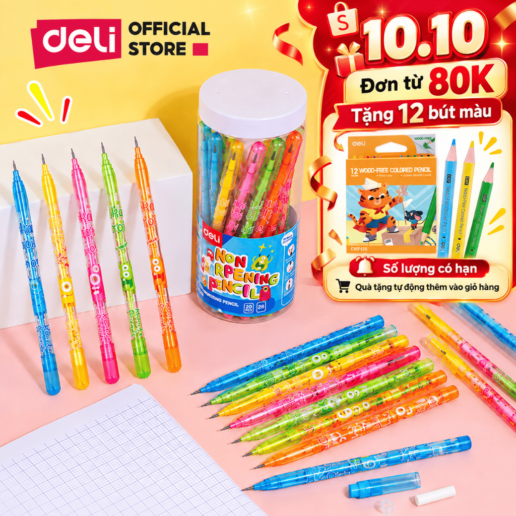 [🔥10.10 TẶNG 12 MÀU CHÌ] Combo 20 Bút Chì Khúc 2B Học Sinh Deli - Chì Đậm Hình Dễ Thương Cho Bé Tập Viết Vẽ Tranh