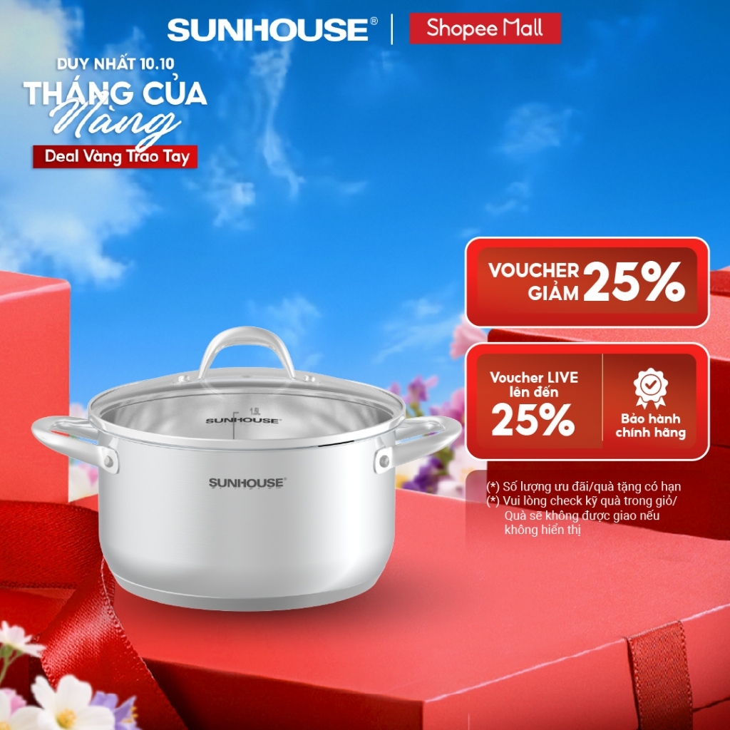 Nồi Inox 3 đáy Sunhouse SHG301 - 16/20/24/28cm - Dùng cho mọi loại bếp - Đáy 3 lớp - Hàng chính hãng