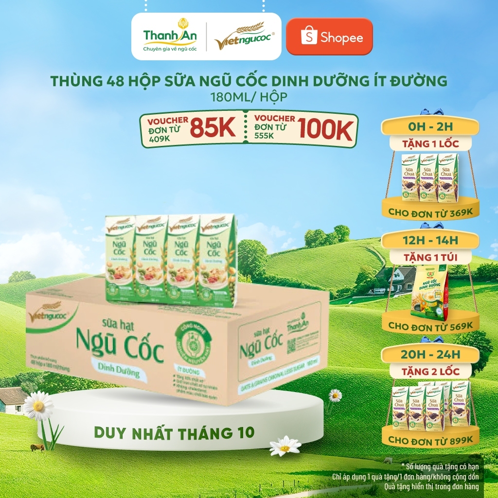 Thùng 48 Hộp Sữa Ngũ Cốc Dinh Dưỡng Ít Đường VIỆT NGŨ CỐC Uống Liền 180ml/ Hộp