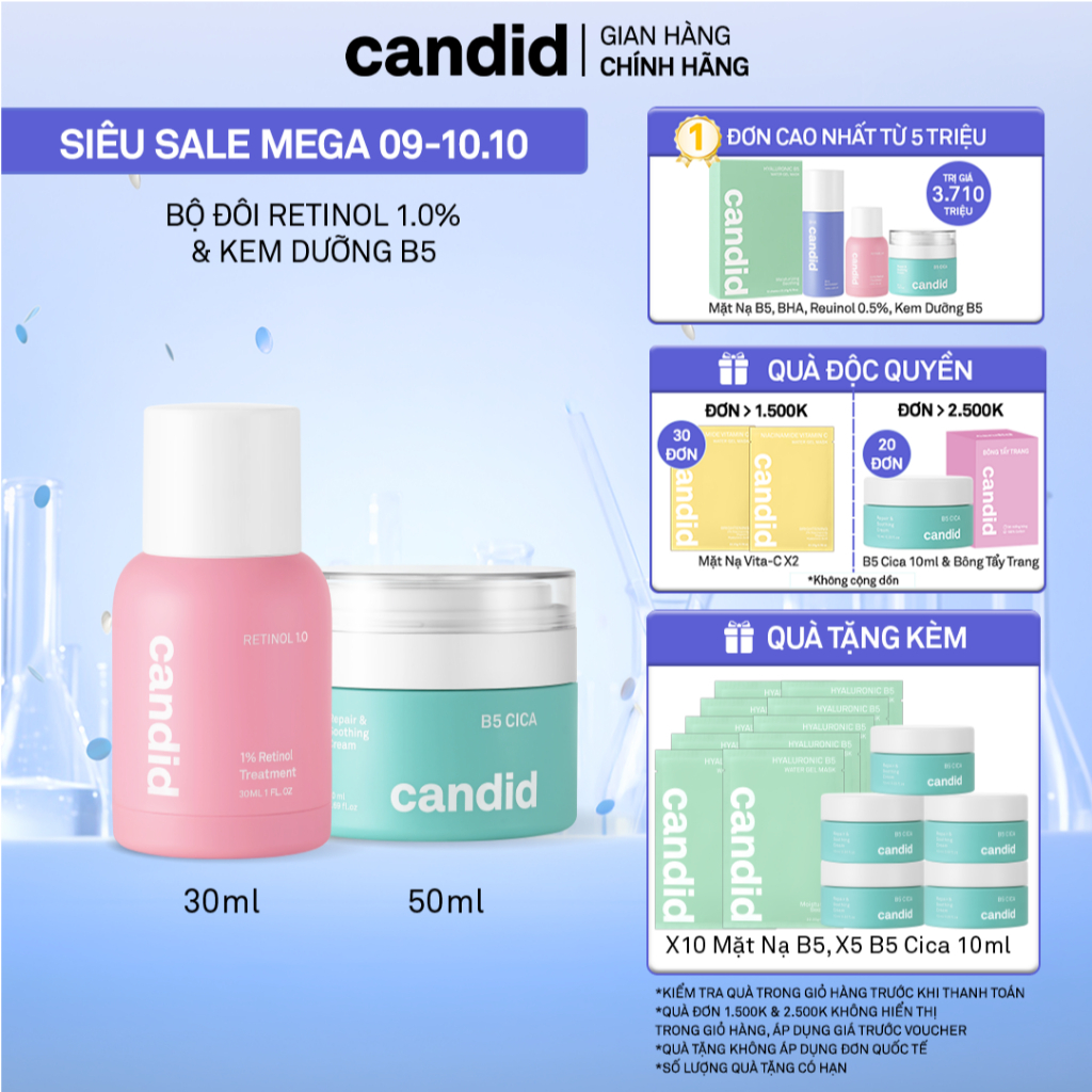Bộ Đôi Hỗ Trợ Cải Thiện Và Phục Hồi Làn Da Candid Retinol 1.0% 30ml & Kem Dưỡng B5 Cica 50ml