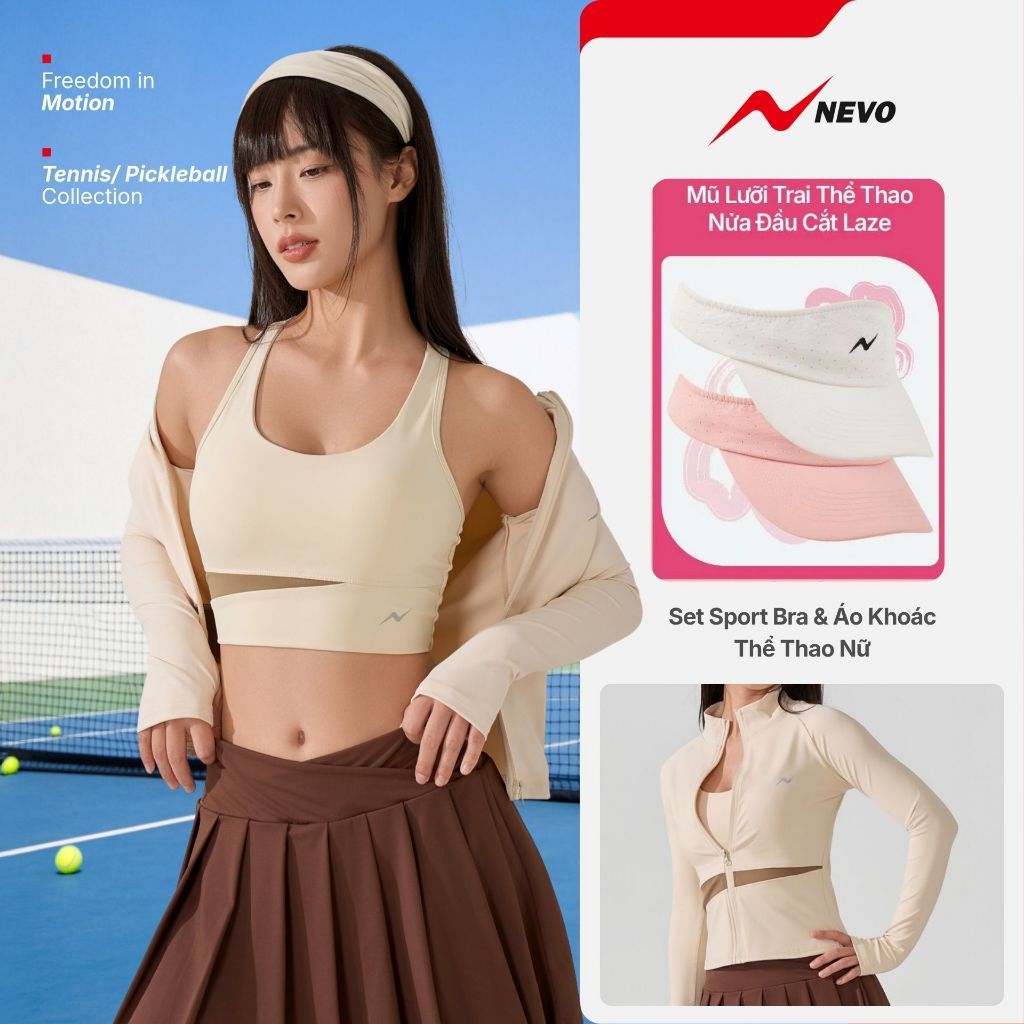 [Tặng mũ] Set Đồ Thể Thao Nữ NEVO Áo Khoác Dài Tay & Sport Bra Có Đệm Phối Màu Tennis Pickleball WBJA26F005 & WBBR26F001
