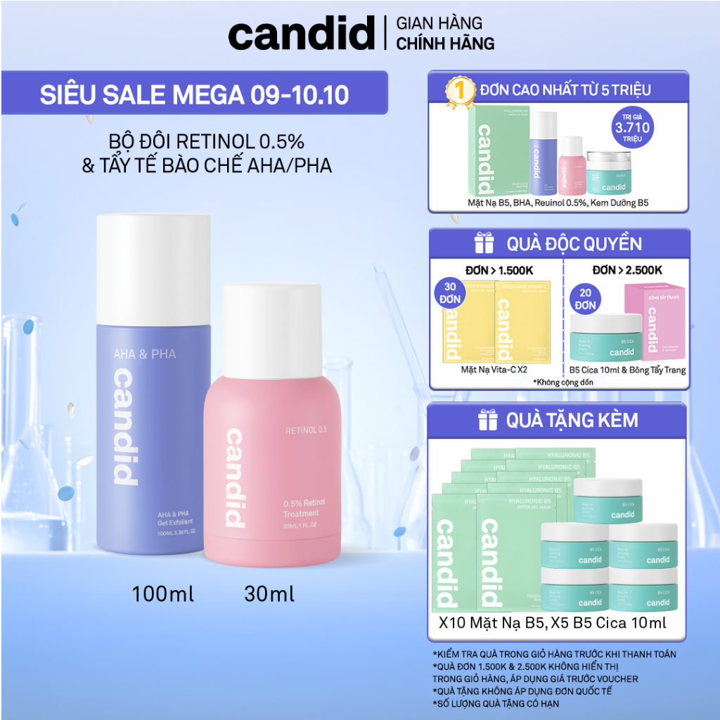 Bộ Đôi Hỗ Trợ Cải Thiện Da Toàn Diện Candid Retinol 0.5% 30ml & Hoạt Chất AHA 100ml