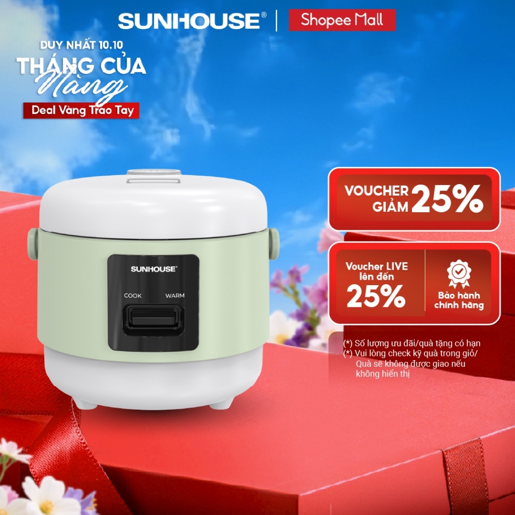 Nồi cơm điện 0.8L Sunhouse SHD8200 - Giữ ấm tới 8 tiếng - Chống dính 2 lớp Flead an toàn