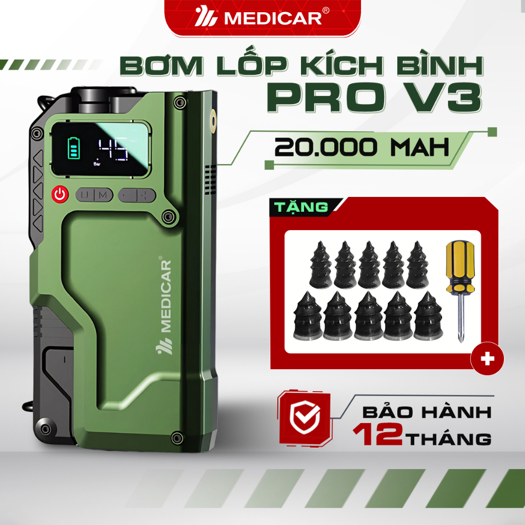 BƠM LỐP KÍCH BÌNH Ô TÔ V3 PRO 20.000mAh 4in1 Medicar - Tích hợp đèn chiếu sáng mạnh mẽ, công suất cao, an toàn sử dụng