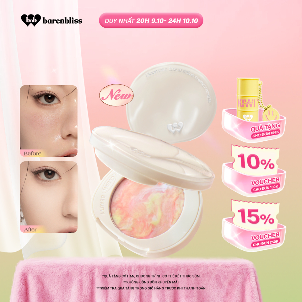 Phấn phủ dạng nén Barenbliss Bloomatte Fine to Refine Compact Powder mịn lì kiềm dầu kháng nước 6g