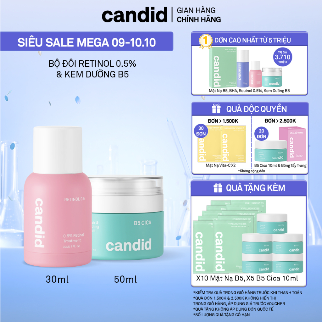Bộ Đôi Hỗ Trợ Cải Thiện Và Phục Hồi Làn Da Candid Retinol 0.5% 30ml & Kem Dưỡng B5 Cica 50ml
