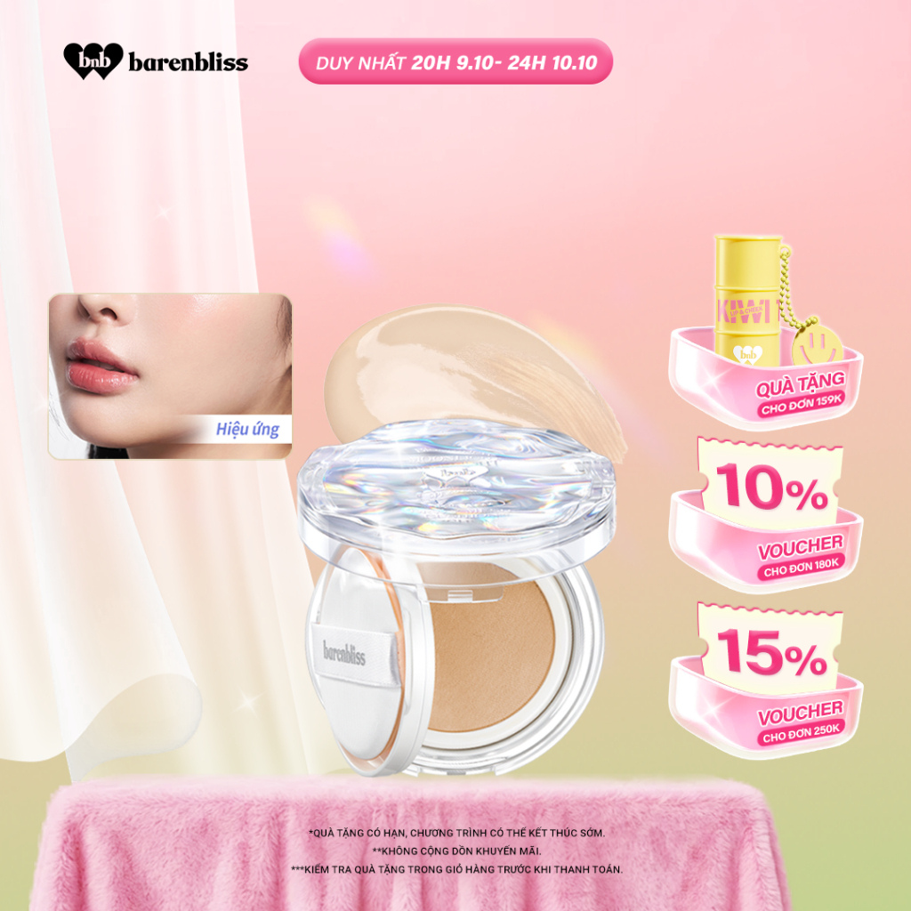 Cushion căng bóng mọng nước barenbliss Bloomdew Moonlight Dewy Mesh Che Phủ Chống Nắng SPF50PA+++15g