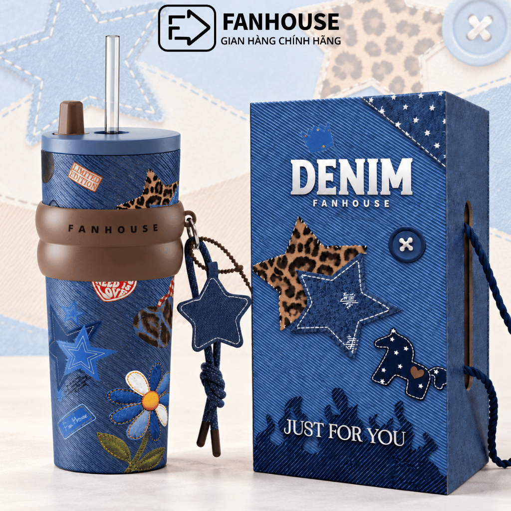 [ Hộp Quà 20-10 ] Ly giữ nhiệt Denim inox 316L Phủ Sứ dung tích 710ml, Fan House ly nước giữ nhiệt tặng charm