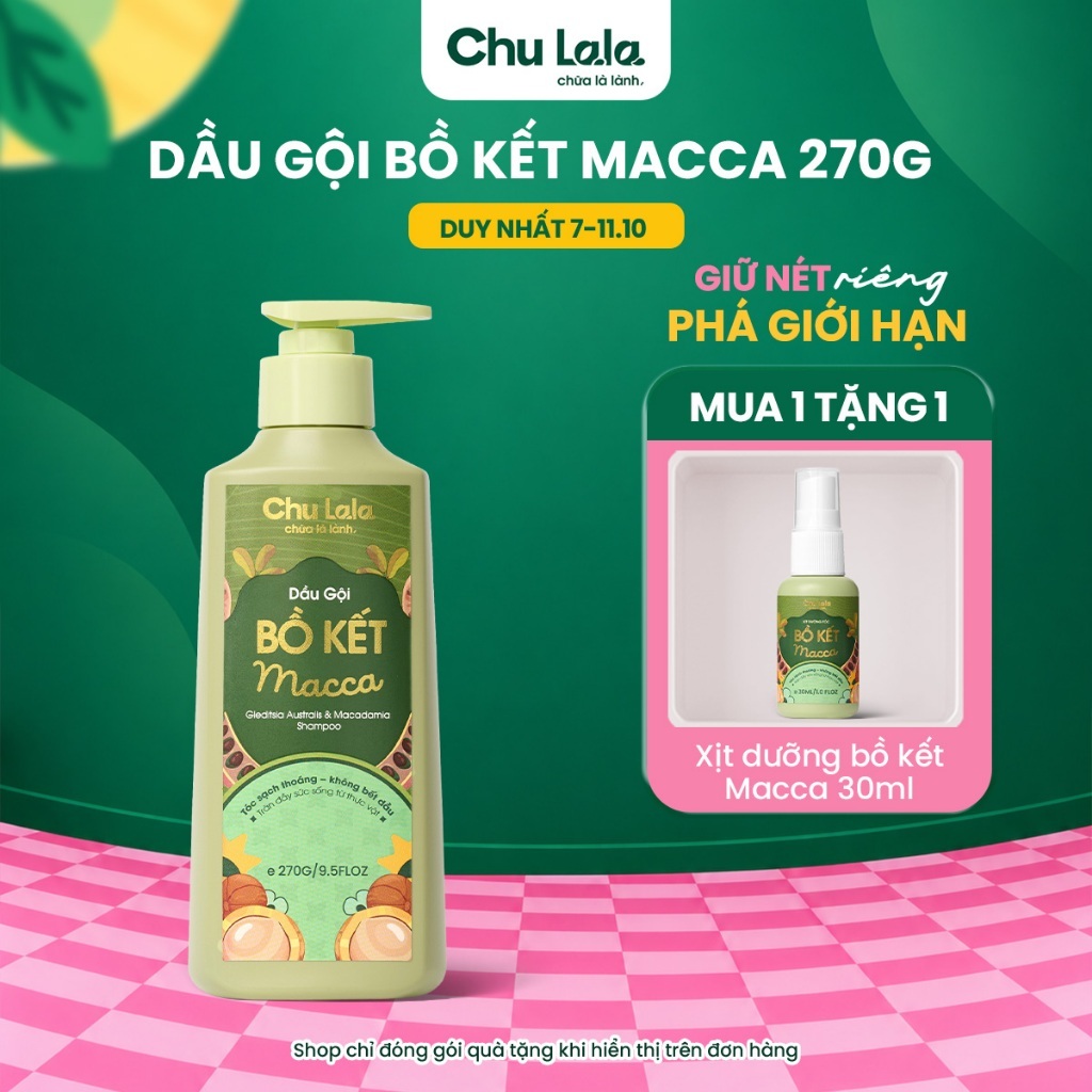 Dầu Gội Bồ Kết Macca Chu Lala - Hỗ Trợ Làm Sạch Dịu Nhẹ, Giảm Gãy Rụng, Giảm Gàu, Kiềm Dầu, Dưỡng Mềm Mượt 270G