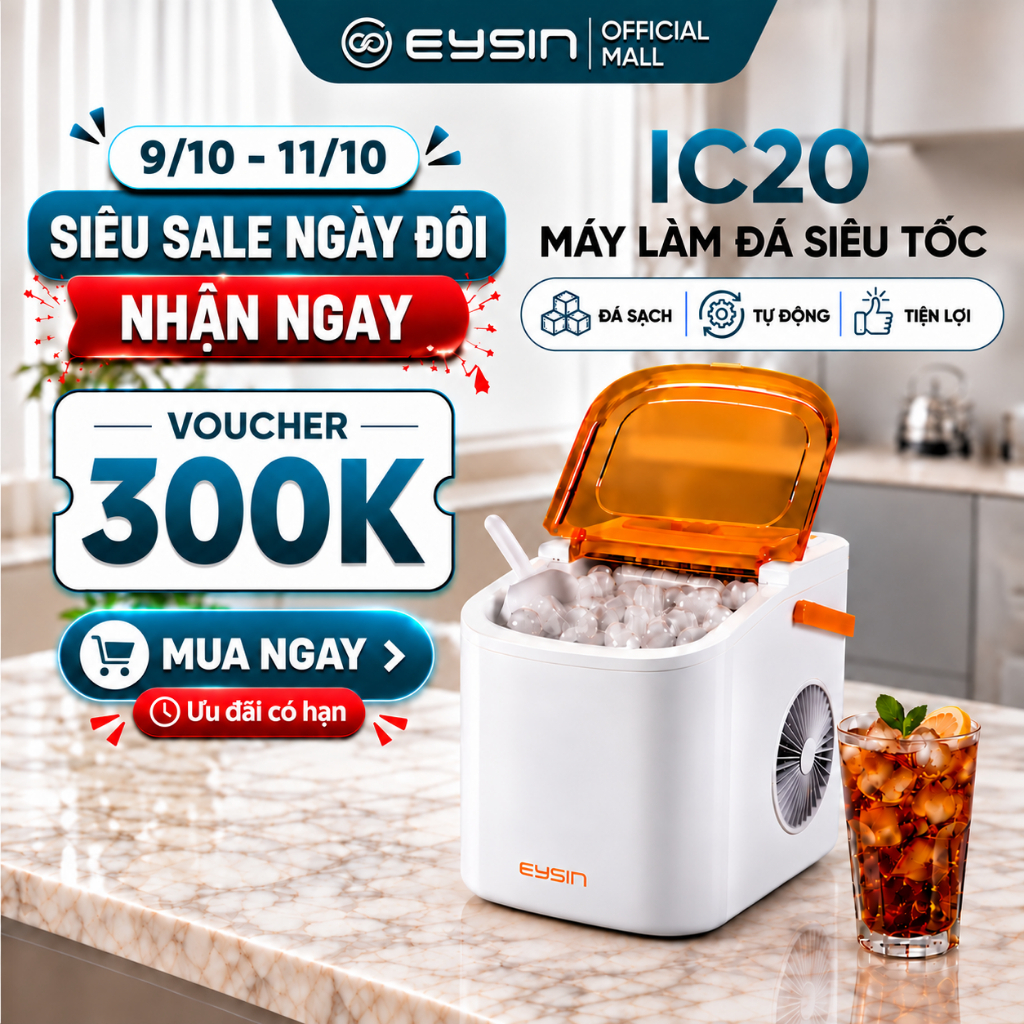 [K] Máy làm đá viên EYSIN IC20, Có quai xách, Nhỏ gọn, Tiết kiệm điện, 9 viên trong 6 phút