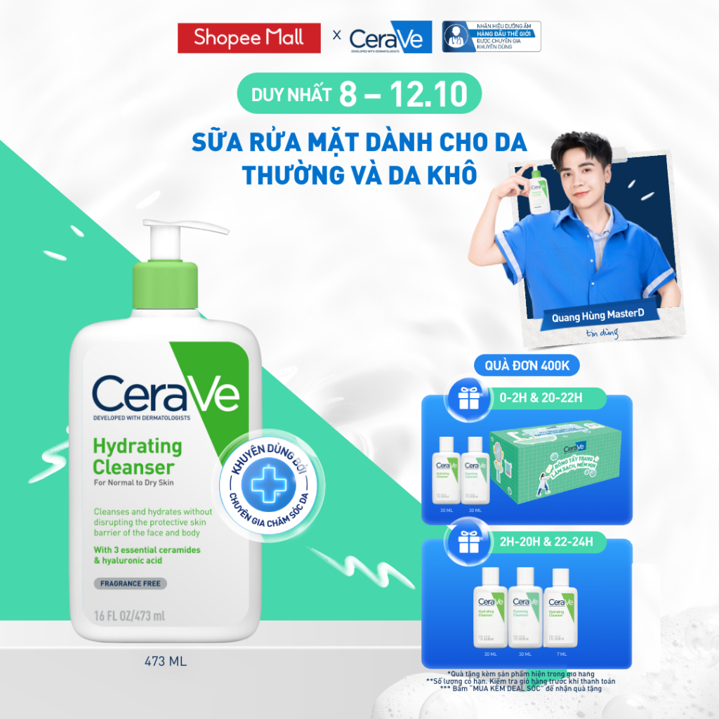 Sữa rửa mặt giúp làm sạch sâu dành cho da thường và da khô Cerave Hydrating Cleanser 473ML