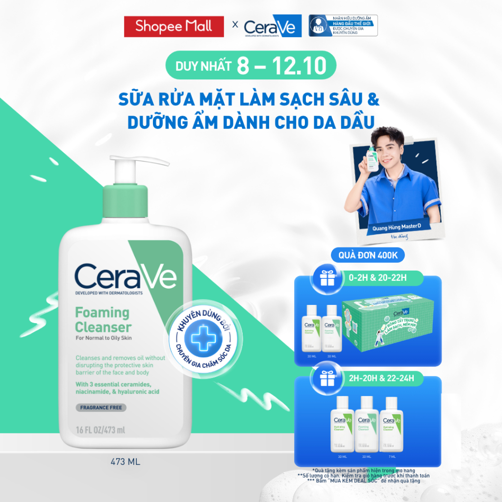 Sữa rửa mặt foaming giúp làm sạch sâu và dưỡng ẩm dịu nhẹ dành cho da dầu - CeraVe Foaming Facial Cleanser 473ML