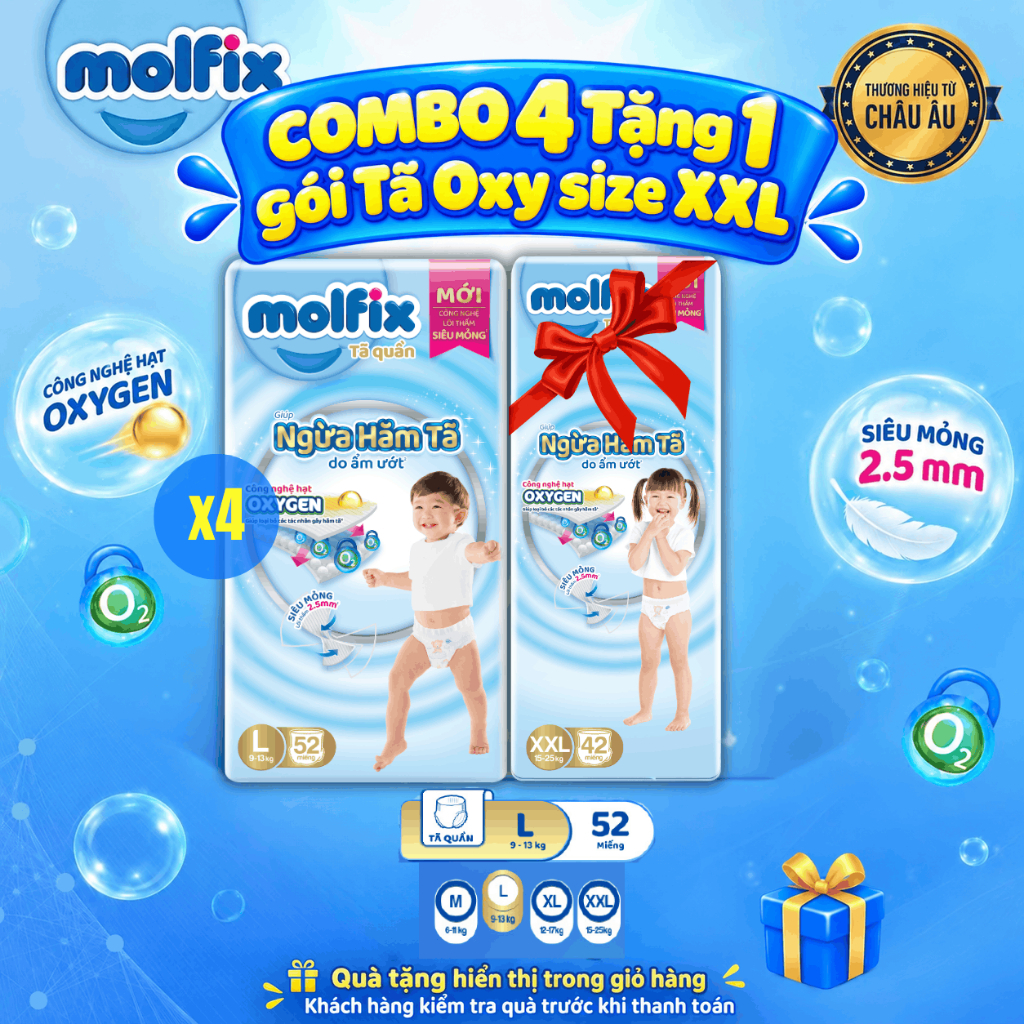 [Tặng 1 Gói size XXL] Combo 4 Tã/bỉm quần Molfix Oxy Super Jumbo giúp Ngừa Hăm Tã đủ các size M,L,XL,XXL