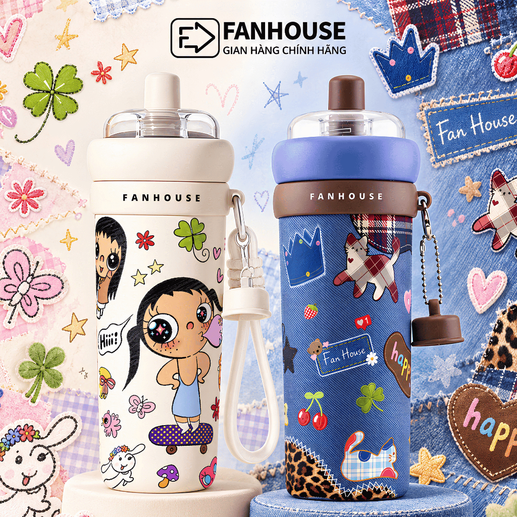 Bình giữ nhiệt Milky Tea inox 316L Phủ Sứ, Ly giữ nhiệt Fan House 700ml, ống hút trà sữa trân châu