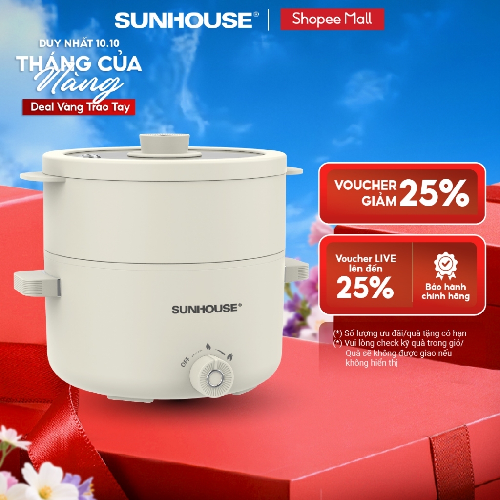Nồi điện mini đa năng 2.0L Sunhouse SHD4517 - Đa năng 4in1 - Lòng nồi chống dính Ceramic - Gia nhiệt trực tiếp