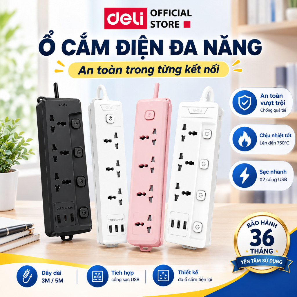 Ổ Điện Đa Năng DELI Công Suất 2500W Ổ Cắm Điện 3 Lỗ có Công Tắc Đèn Led Sạc Nhanh 20W TypeC USB Chống Giật Dây Dài 3M/5