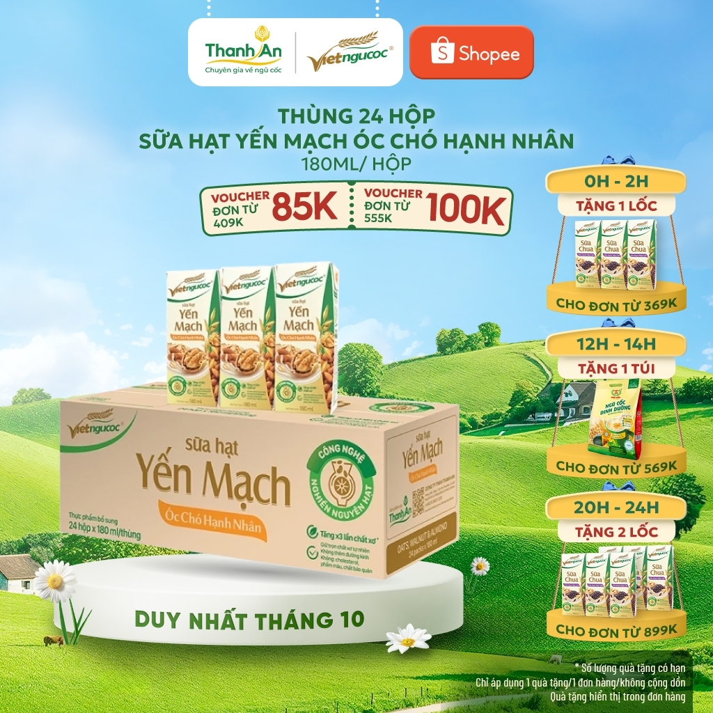 Thùng 24 Hộp Sữa Hạt Yến Mạch Óc Chó Hạnh Nhân VIỆT NGŨ CỐC Không Đường Kính 180ml/Hộp