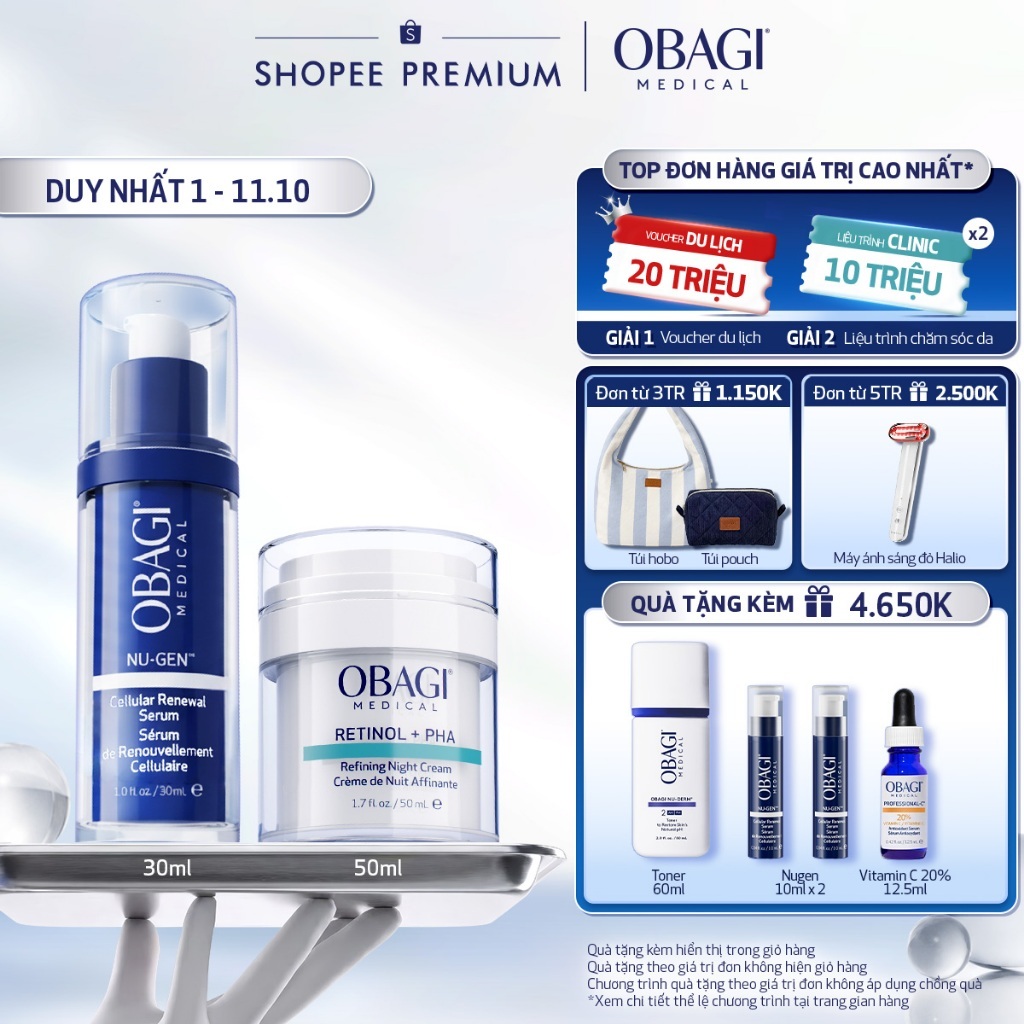 Combo Serum Kích Hoạt Năng Lượng Tế Bào Obagi Nugen 30ml & Kem Dưỡng Đêm Obagi Retinol + PHA 50ml