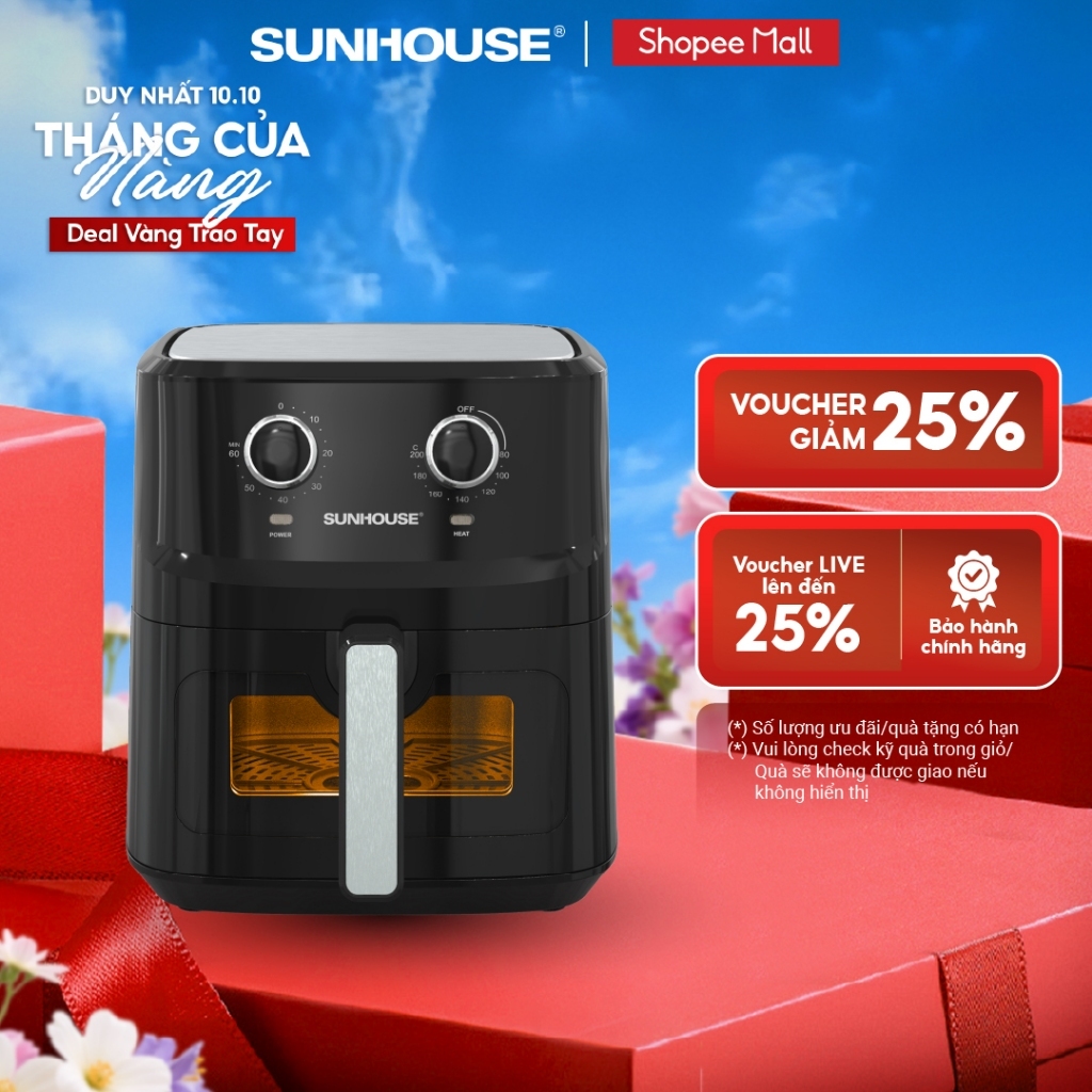 Nồi chiên không dầu 6,5L Sunhouse SHD4030 - Công nghệ Rapid Air 360 độ - Cửa sổ khoang chiên trong suốt