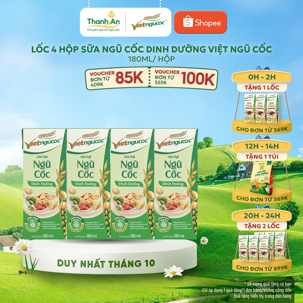 Lốc 4 Hộp Sữa Ngũ Cốc Dinh Dưỡng VIỆT NGŨ CỐC Uống Liền Bổ Sung Năng Lượng Chất Dinh Dưỡng Cho Cơ Thể 180ml/ Hộp