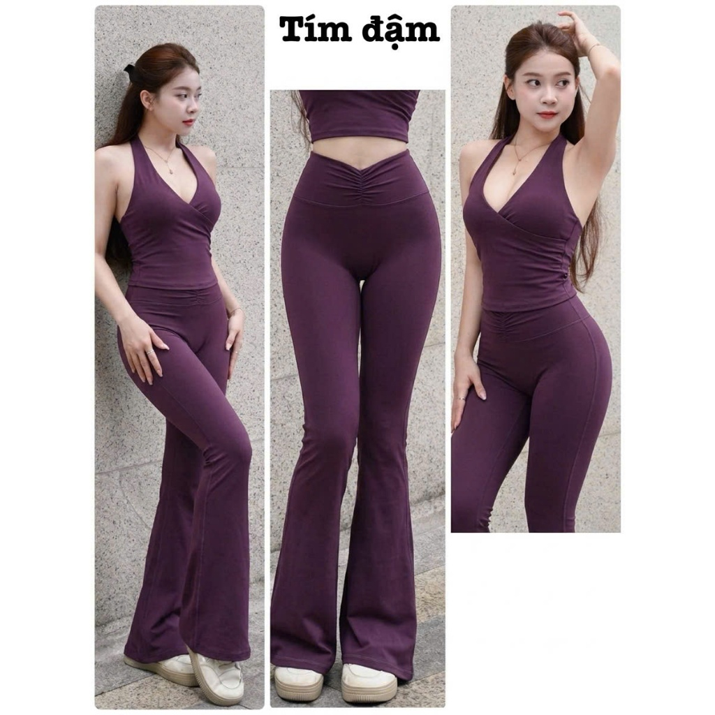 Set Dài Ống Loe Áo Đắp Chéo Tôn Vòng 1, Tập Gym, Yoga, Pilates, Aerobic